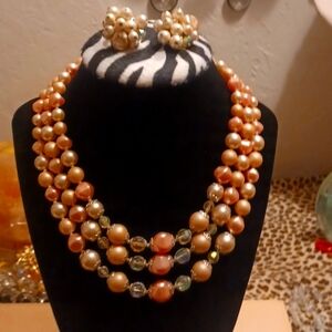 Pretty in pink triple strand necklace and earrings